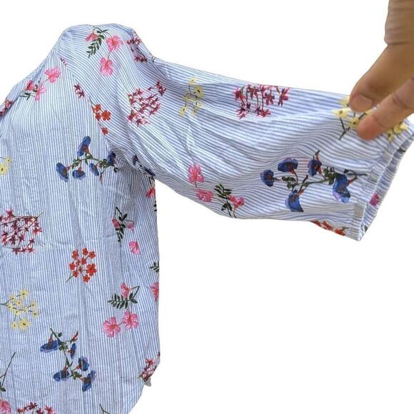 Tribal Jeans Floral Print Blue White Striped Round Split Neck Blouse Top Size L - Picture 9 of 11